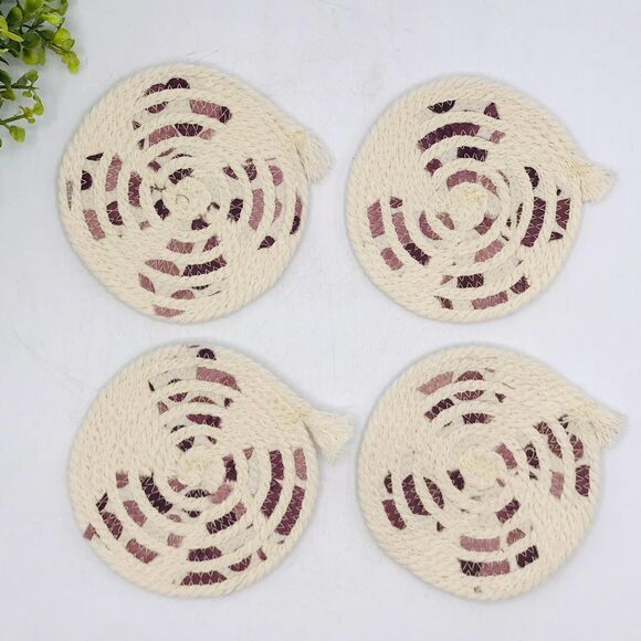 One Set of 4 Rope Coffee Coasters Cotton Dusty Purple Polka Dots  4.25" - Picture 5 of 5